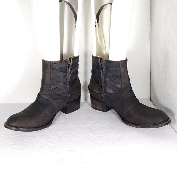 FREEBIRD BY STEVEN Women's Sammi US 10 Brown Leather Distressed Strappy Booties - Picture 4 of 11